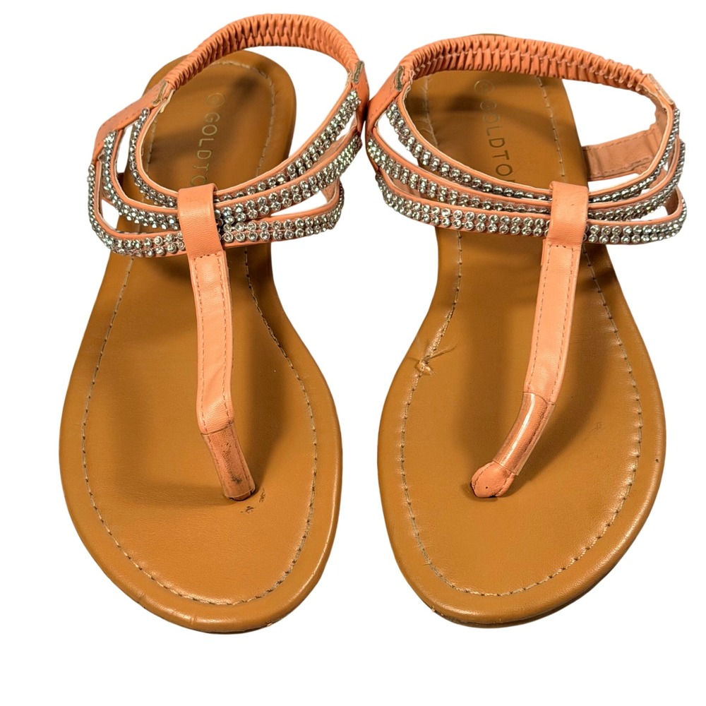 Goldtoe Sandals Womens 8 Peach Rhinestone Embellished Slingback Thong Flat Boho
